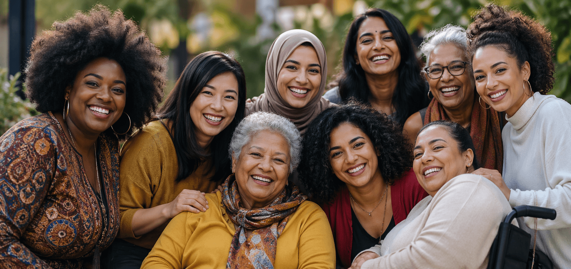 Women of colour from the CWCC community gathered together, smiling.
